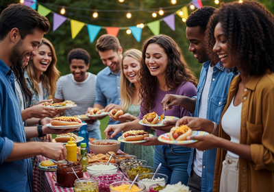 A diverse group of friends laughs and serves themselves at an outdoor hot dog bar, featuring various toppings and festive string lights and decorations. Friends Enjoying a Hot Dog Bar at a Backyard Party