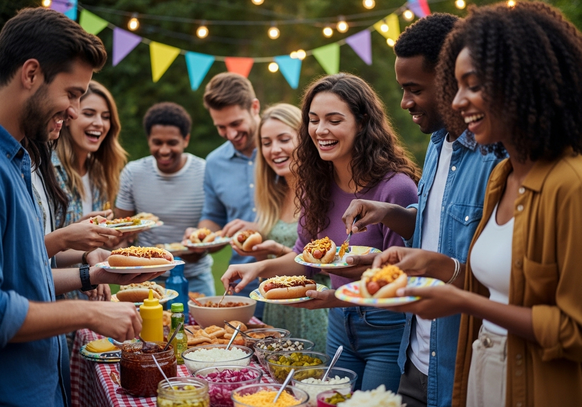 Friends Enjoying a Hot Dog Bar at a Backyard Party