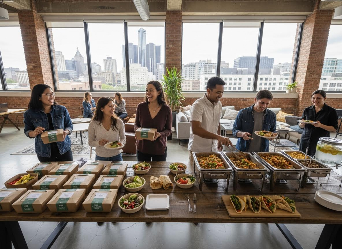 Diverse Team Enjoying Catered Lunch in Modern Office