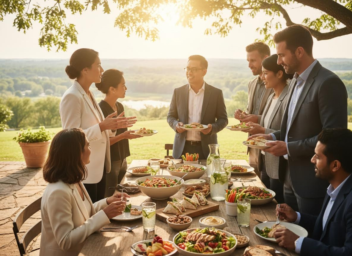Diverse professionals enjoying an outdoor business lunch