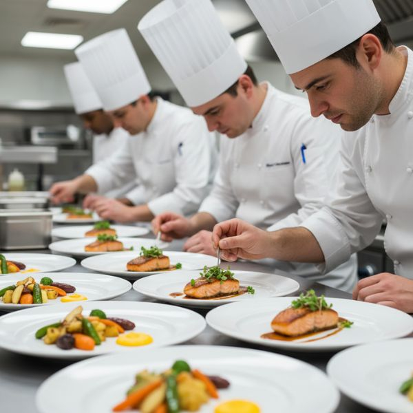 A line of chefs in white uniforms meticulously garnishes plates of salmon and vegetables in a professional kitchen.