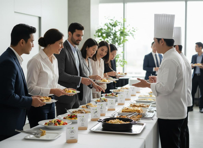 A chef oversees business professionals serving themselves various dishes from a buffet at a corporate event. Business professionals at a buffet line