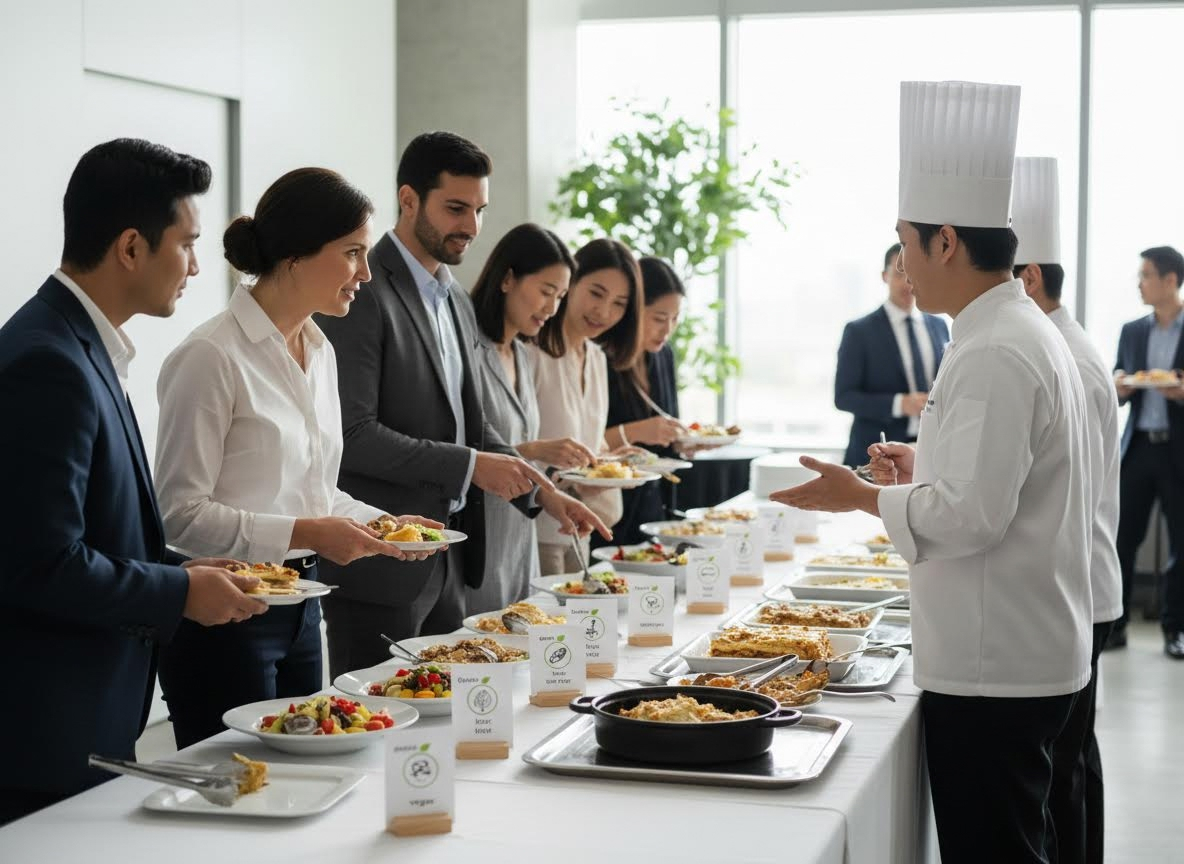 Business professionals at a buffet line