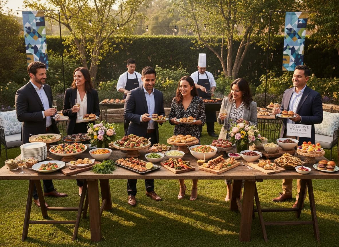 People enjoying an outdoor catered event with food and drinks