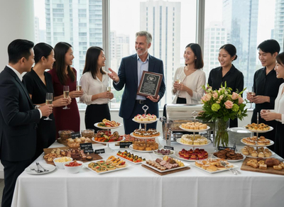 A diverse group of professionals smiles around a man holding an award plaque at an office celebration with drinks and a lavish buffet. Office team celebrates an award with champagne and a buffet