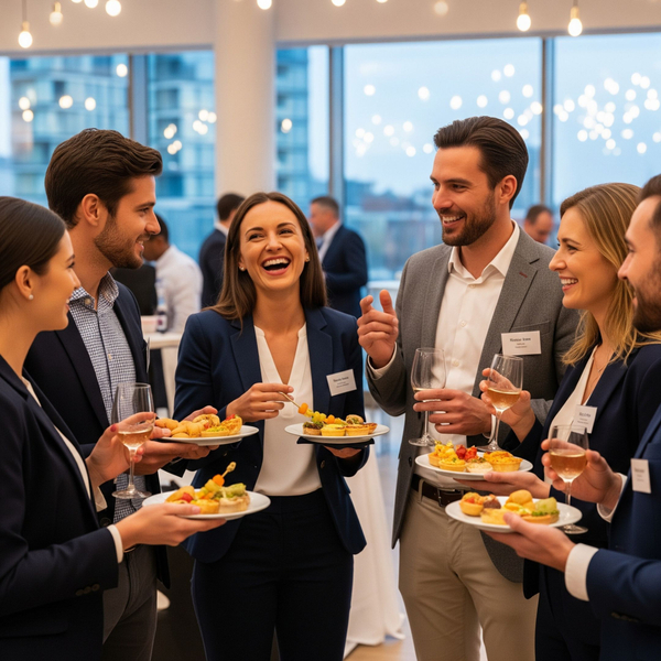 Business professionals networking and smiling with plates of food at an event.
