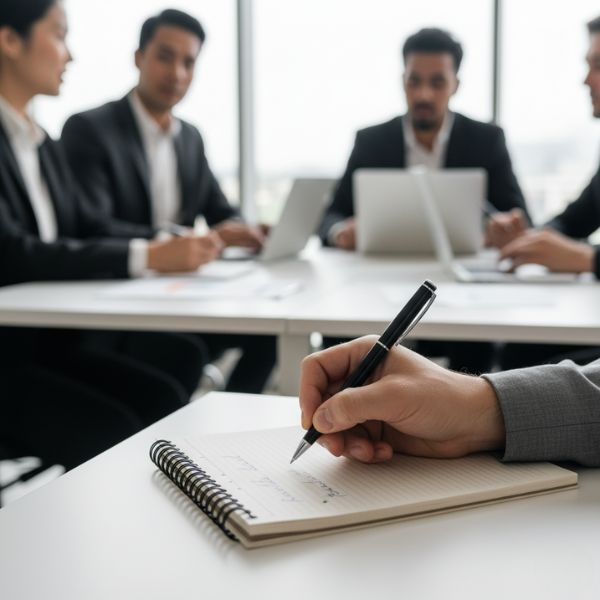 A hand holds a pen, writing notes in a spiral-bound notebook during a business meeting with colleagues blurred in the background.