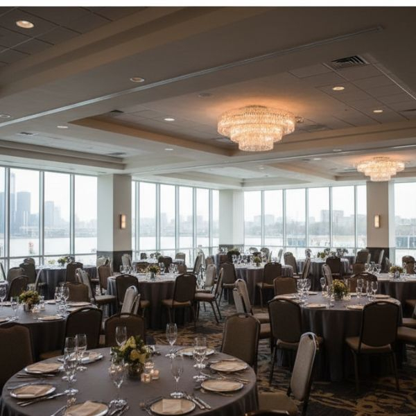 An empty ballroom is set with round tables, chairs, and elegant place settings, featuring large windows overlooking a city skyline.