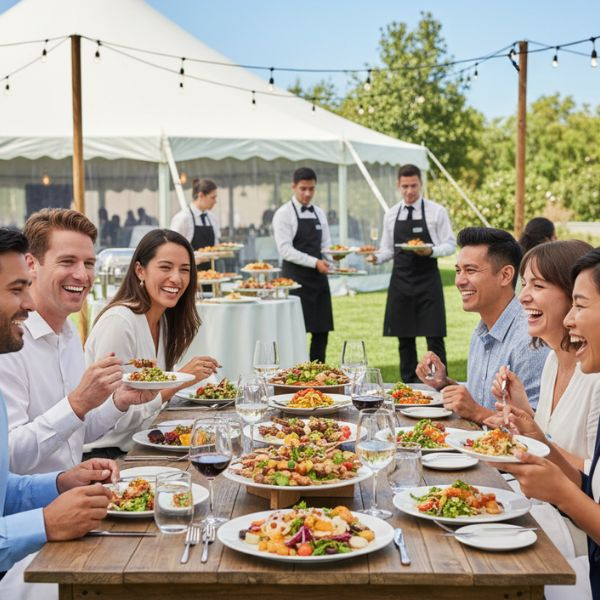 Diverse group of smiling people enjoying a meal at an outdoor corporate event