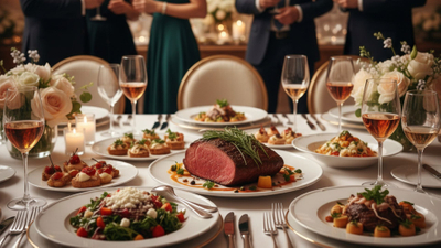 Elegant table setting with gourmet dishes under warm lighting