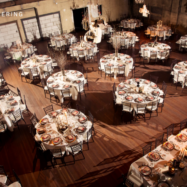 A dining hall set up for an event