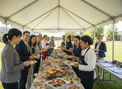 Smiling guests and catering staff gather around a large outdoor buffet table filled with food under a white tent. Outdoor buffet with smiling guests and catering staff