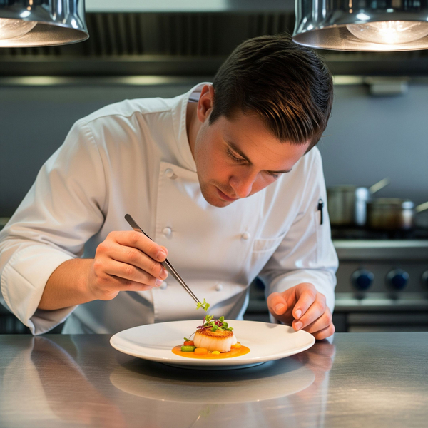 A professional chef adding a final garnish to a gourmet dish. A professional chef adding a final garnish to a gourmet dish.