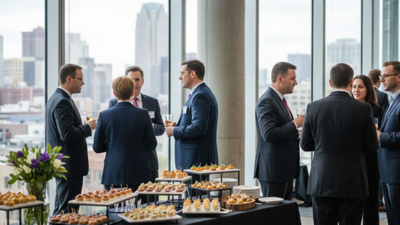 A group of professionals in business attire mingle and network around a table laden with appetizers at a corporate event with a city view.