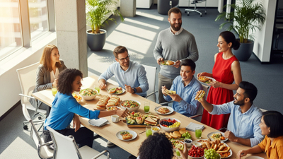 A diverse team of happy employees enjoying a catered lunch in a modern Detroit office space.