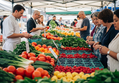 A vibrant and bustling farmers market scene unfolds beneath a white canopy, featuring an abundant display of fresh produce. A vendor in a white coat serves customers, while a diverse group of shoppers inspects and selects from rows of tomatoes, cucumbers, oranges, kale, raspberries, blueberries, and lemons. The image captures the lively atmosphere and community engagement of a local market. Bustling Farmers Market Scene