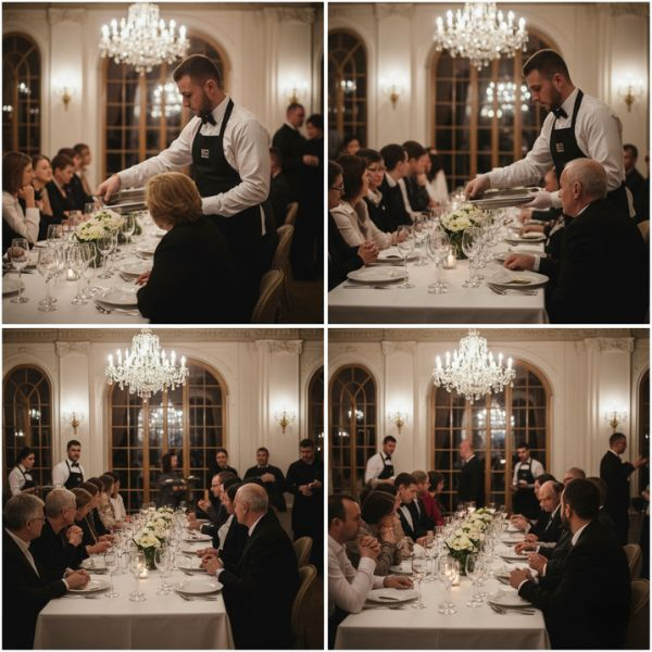 Professional catering staff attentively serving guests at a elegant indoor event