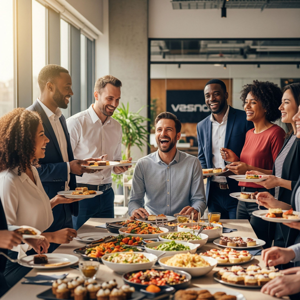Colleagues laughing together while sharing a catered meal in the office. Colleagues laughing together while sharing a catered meal in the office.