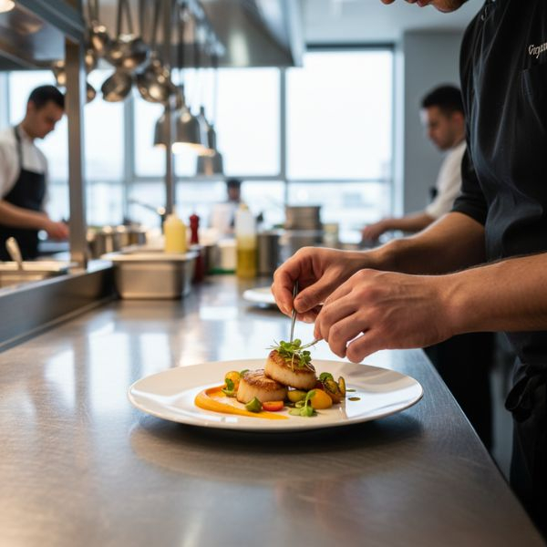 Chef meticulously plating a dish with fresh ingredients in a professional kitchen