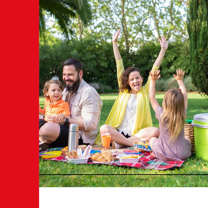 2 parents and their small children have a picnic in their backyard