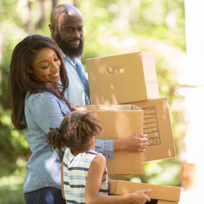 family carrying moving boxes