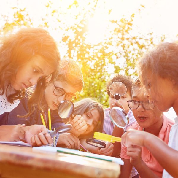 Children use magnifying glasses