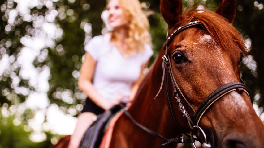 Woman smiling while riding a horse
