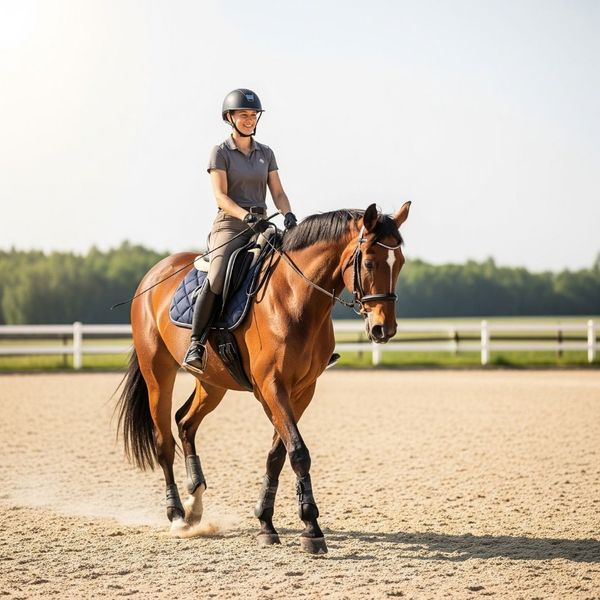 confident adult smiling while taking a horseback riding lesson confident adult smiling while taking a horseback riding lesson