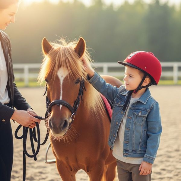 young boy in a red helmet smiling as he pets a pony young boy in a red helmet smiling as he pets a pony