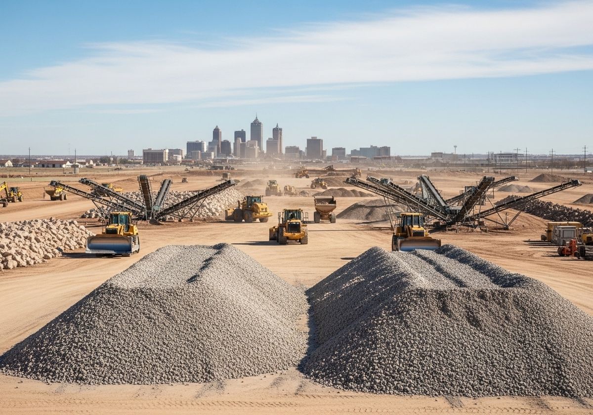Construction Site with Heavy Machinery and City Skyline