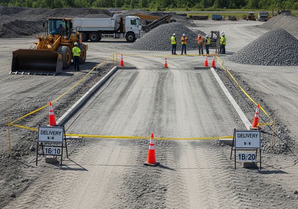 Aggregate delivery area with heavy machinery and workers