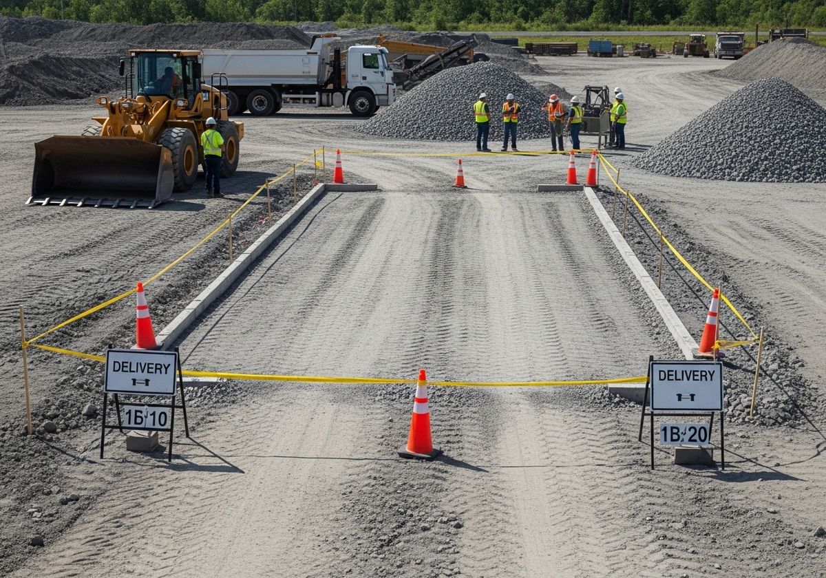 Aggregate delivery area with heavy machinery and workers