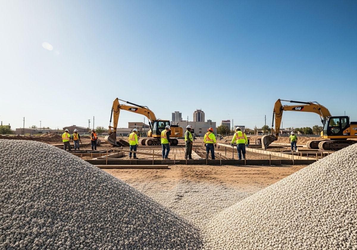 Construction site with workers and heavy machinery
