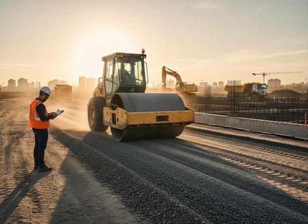 Road construction worker with heavy machinery at sunset