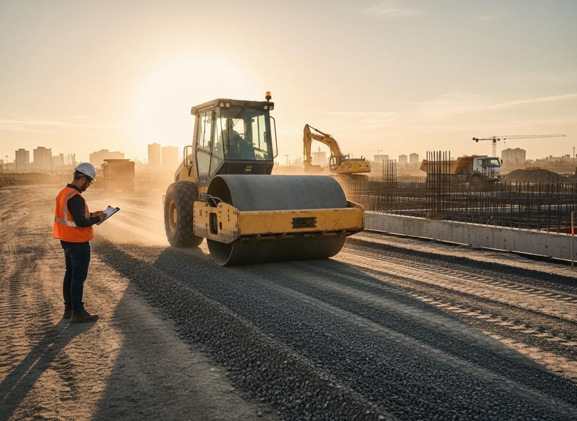 Road construction worker with heavy machinery at sunset