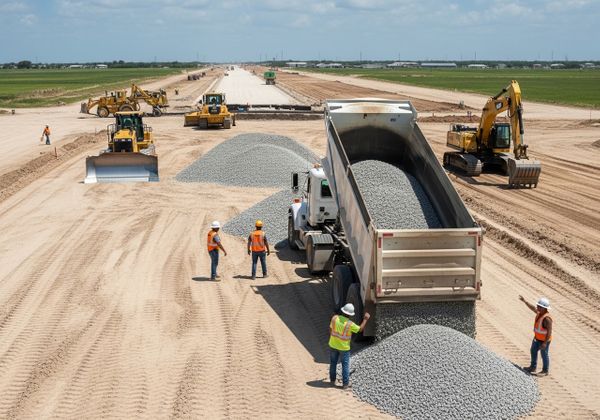 Construction site with heavy machinery and gravel delivery