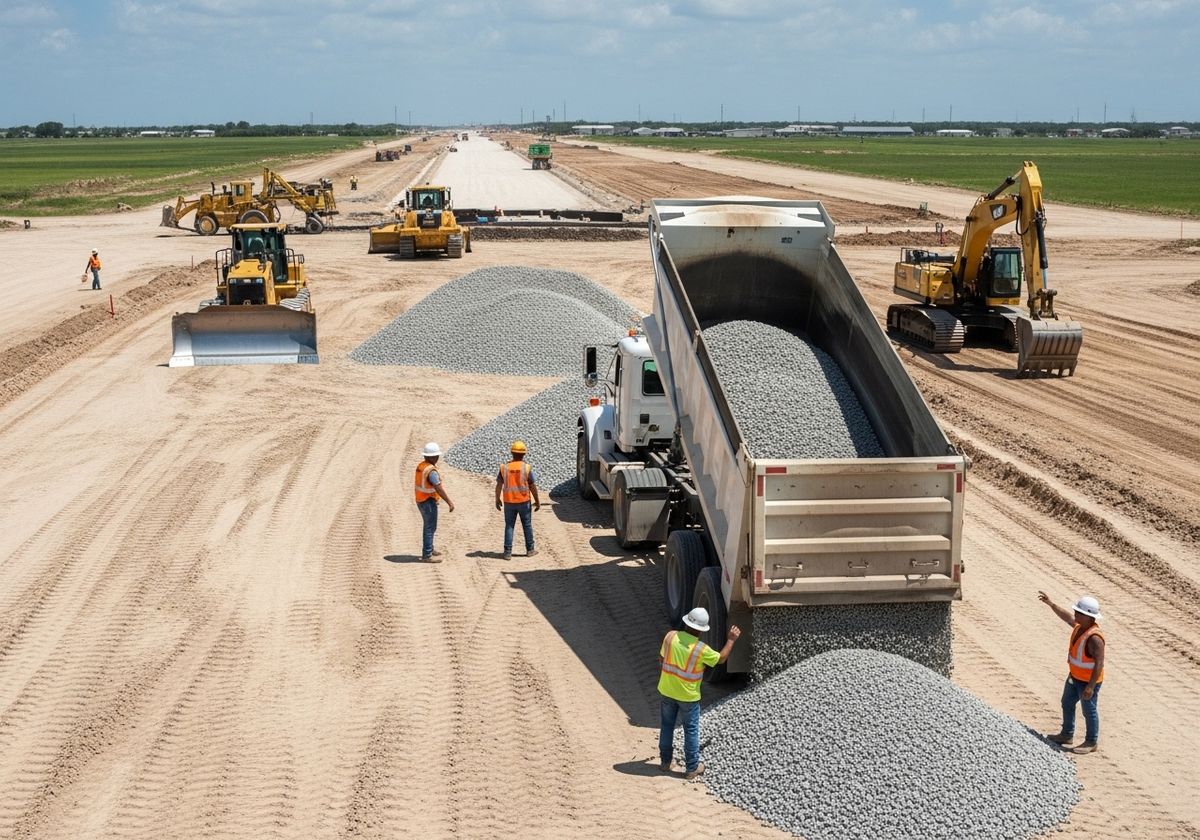 Construction site with heavy machinery and gravel delivery