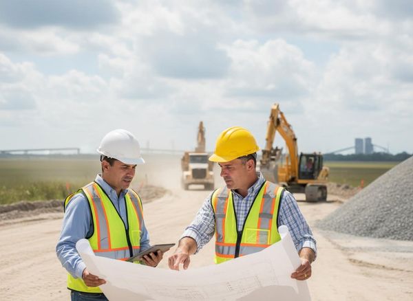 Two engineers reviewing blueprints on a construction site