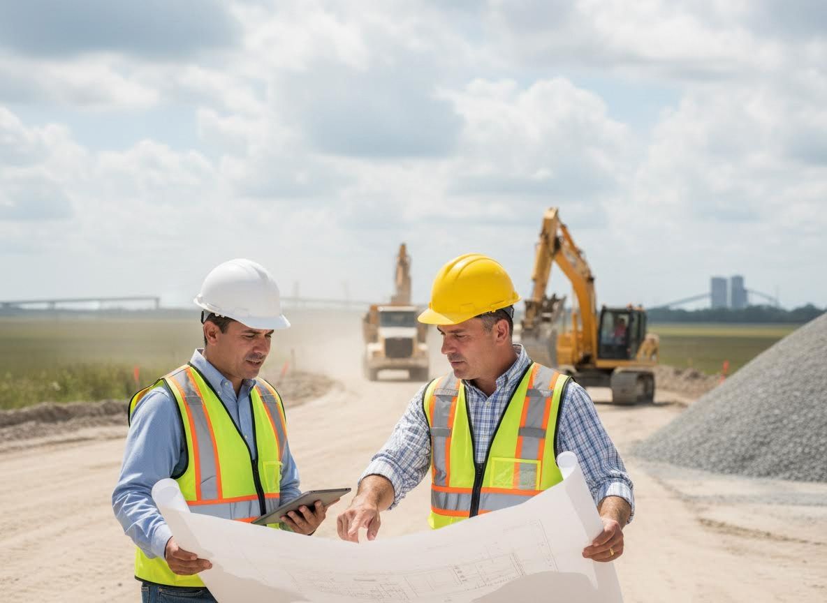 Two engineers reviewing blueprints on a construction site