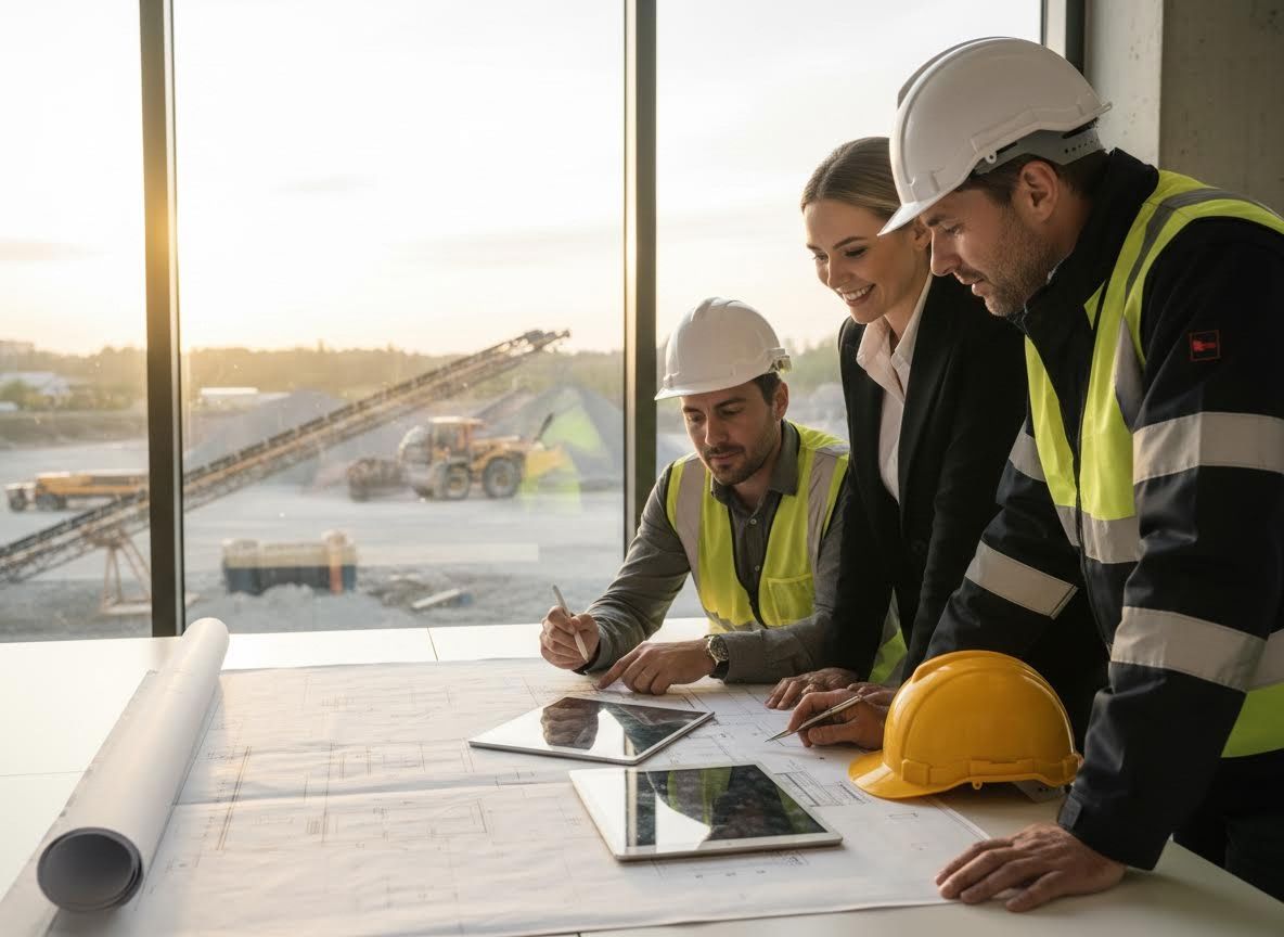 Construction Team Reviewing Blueprints at Site