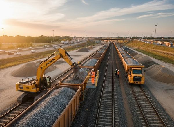 Excavator Loading Gravel onto Train Cars