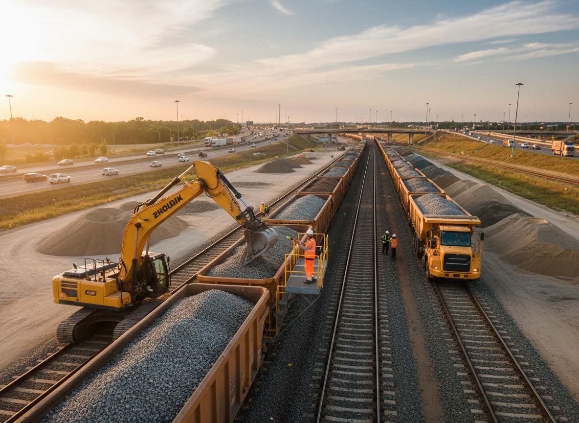 Excavator Loading Gravel onto Train Cars