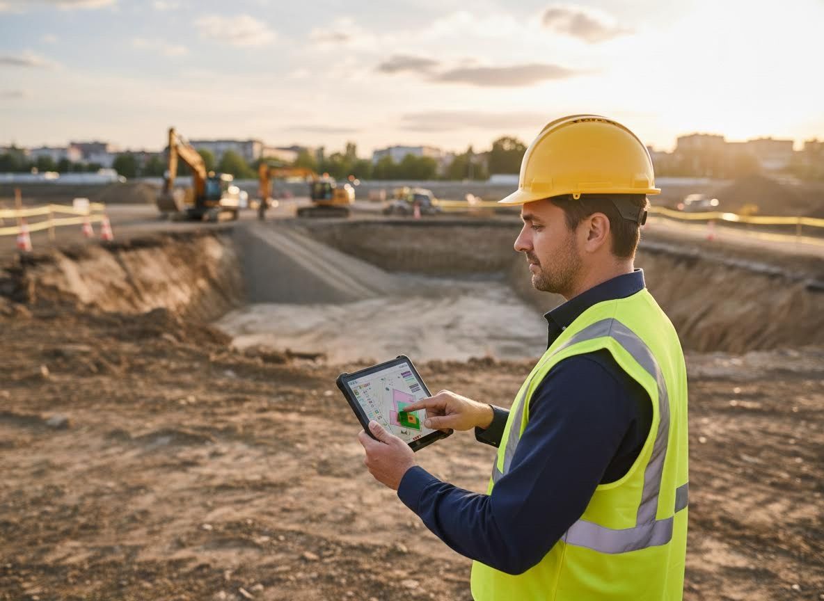 a site manager, holding a tablet, standing on a site that is going to require an aggregate delivery
