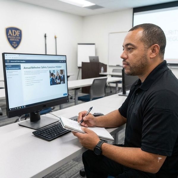 A professional photograph captures a focused, mature security guard sitting at a desk at the ADF Training Facility in Modesto, CA, actively engaged in an online, self-paced refresher course titled 'Annual Refresher: Safety Conscious Mindset' displayed on his computer screen. A professional photograph captures a focused, mature security guard sitting at a desk at the ADF Training Facility in Modesto, CA, actively engaged in an online, self-paced refresher course titled 'Annual Refresher: Safety Conscious Mindset' displayed on h