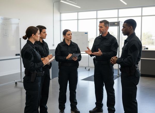 Five security officers, three women and two men, in dark uniforms, are in a training room. An instructor speaks while others listen and take notes. Group of security officers in a training session