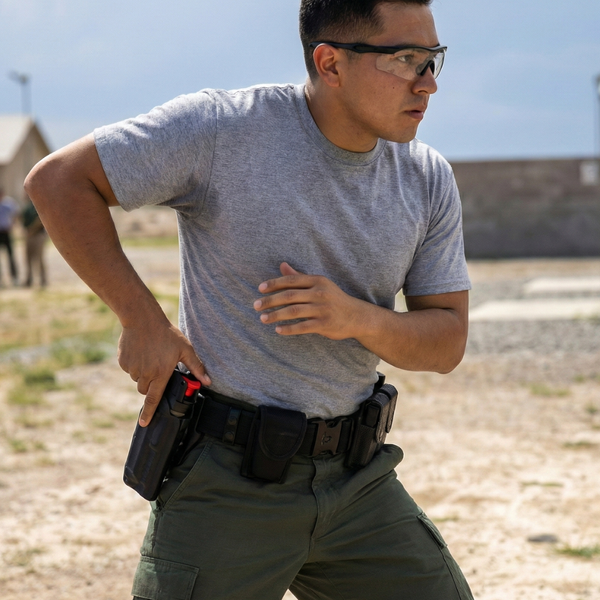 A security officer demonstrates proper carrying and quick-draw techniques from a belt-mounted OC pepper spray holster.