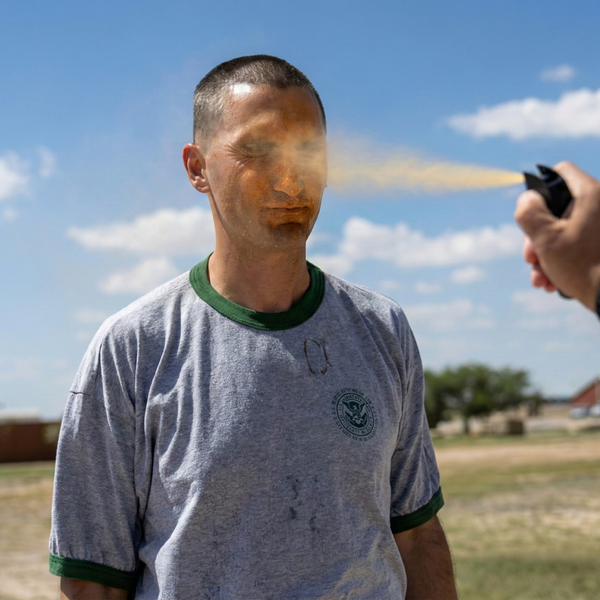 Close-up of a student during a controlled exposure drill, showing the effects of a chemical agent spray for training purposes.
