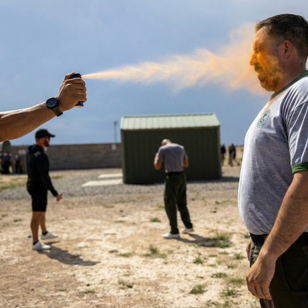 An instructor deploys a stream of training OC spray toward a student to simulate a real-world defensive encounter and test reactionary skills.