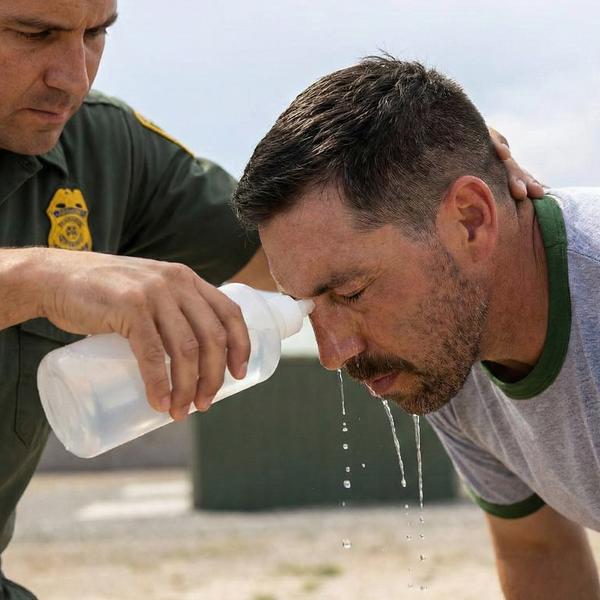 A veteran instructor demonstrates post deployment first aid by carefully irrigating a student's eyes with water after a training exposure.