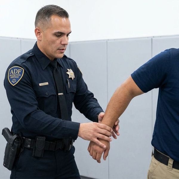 A close-up photograph of a uniformed ADF security instructor demonstrating controlled, professional physical contact and restraint techniques to a student in a well-lit indoor training area, emphasizing safety. A close-up photograph of a uniformed ADF security instructor demonstrating controlled, professional physical contact and restraint techniques to a student in a well-lit indoor training area, emphasizing safety.